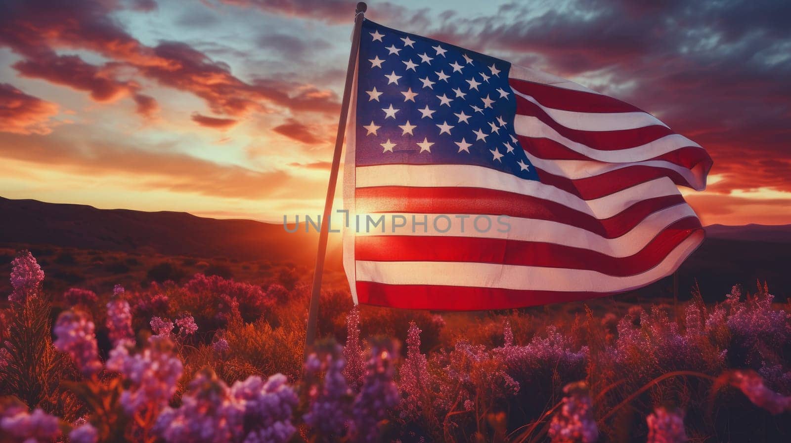 The flag of the United States of America flutters in nature against the backdrop of the setting sun in pink rays. by Alla_Yurtayeva