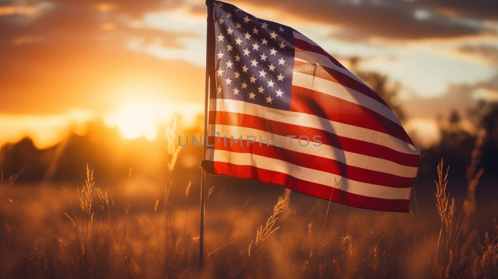 The flag of the United States America flutters in nature among flowers against the backdrop of the setting sun. American President's Day, USA Independence Day, American flag colors background, 4 July, February holiday, stars and stripes, red and blue