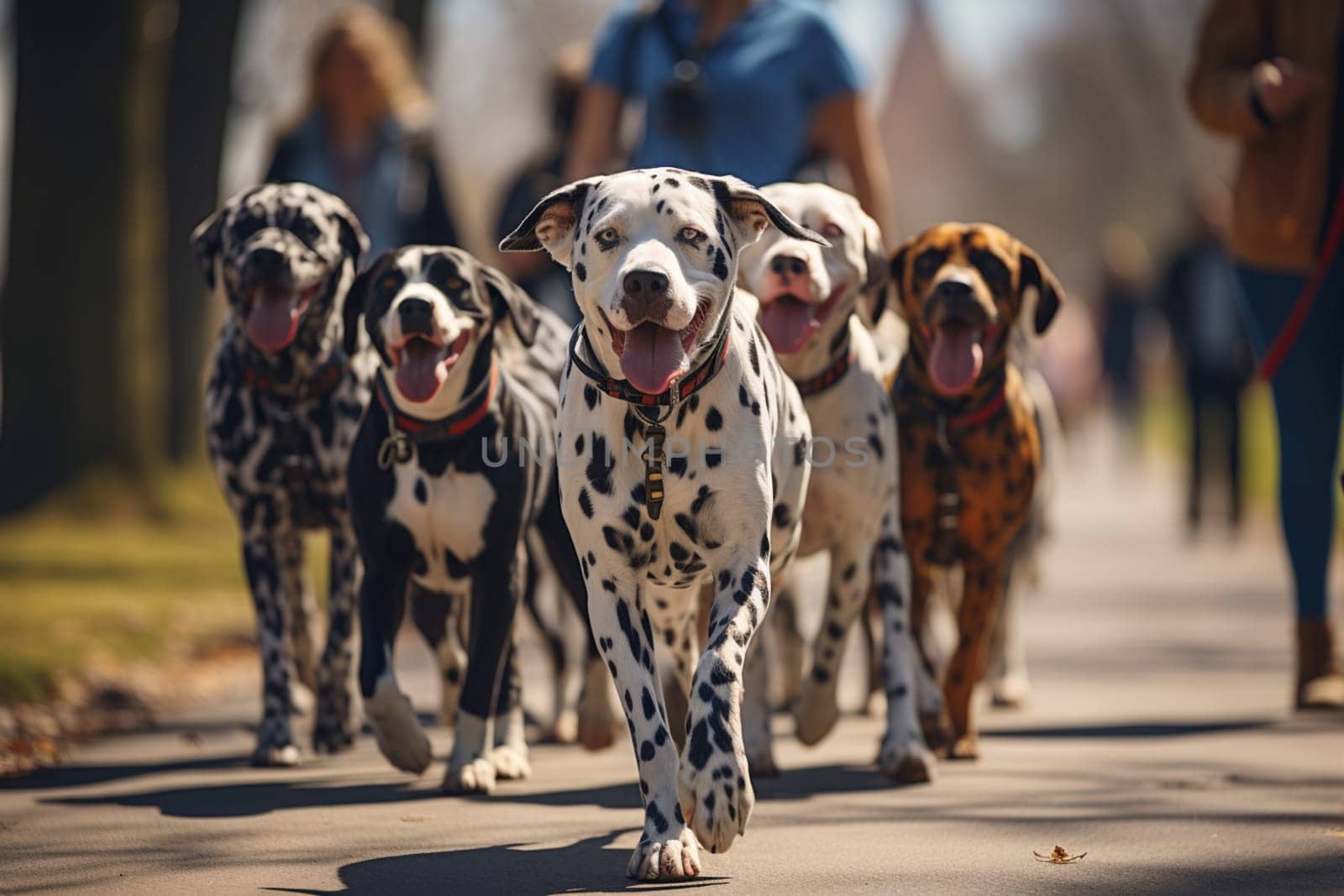 People i walking dogs in a park. High quality photo