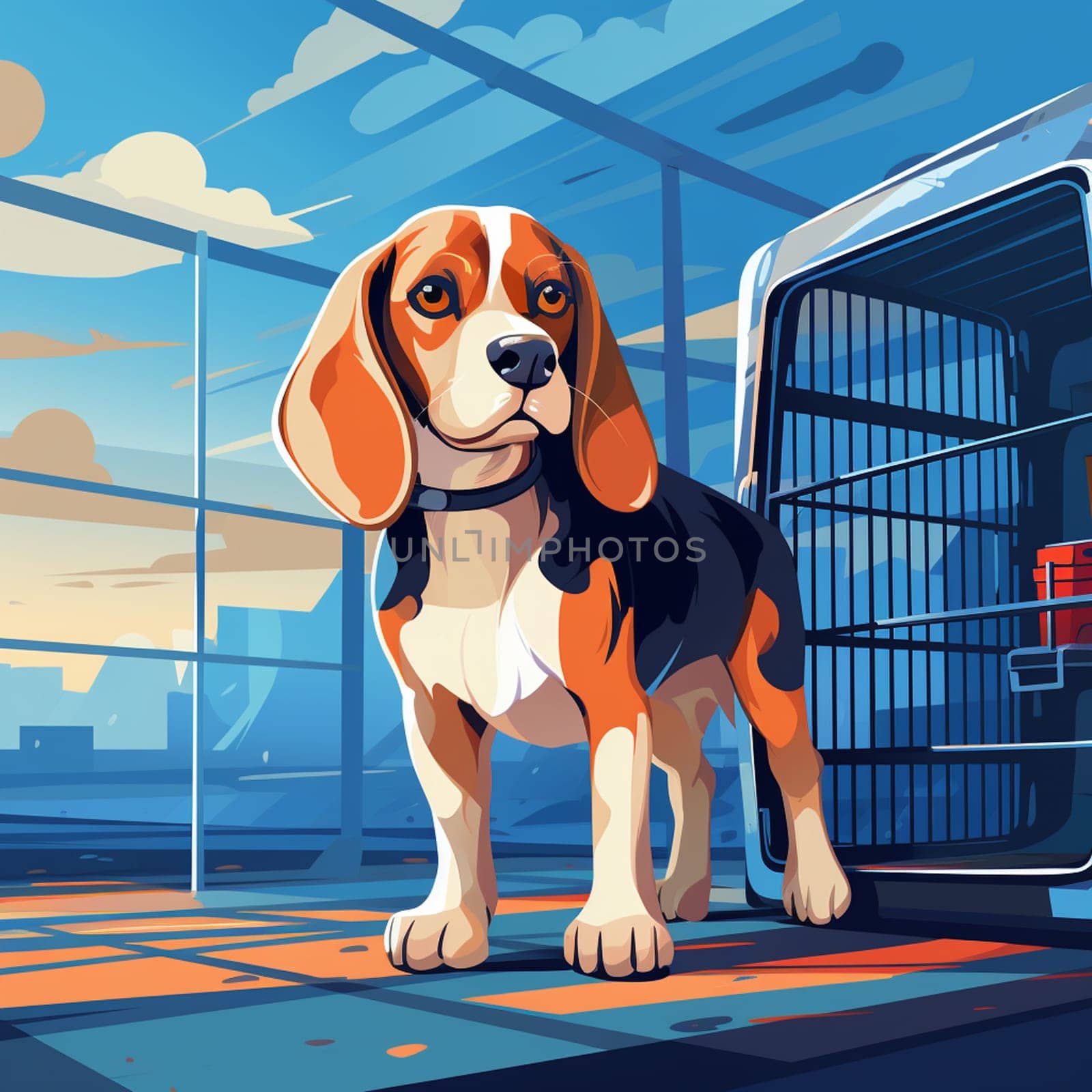 The process of transportation - a dachshund dog lies in a special large plastic shipping box and carefully looks into the camera. High quality photo