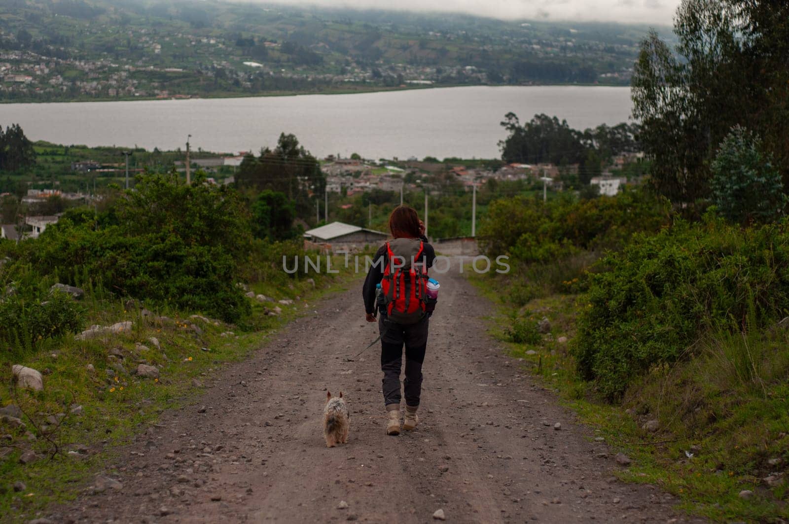 backpacker with her back to the camera, getting lost in the horizon with her beloved pet in the direction of a lagoon. High quality photo