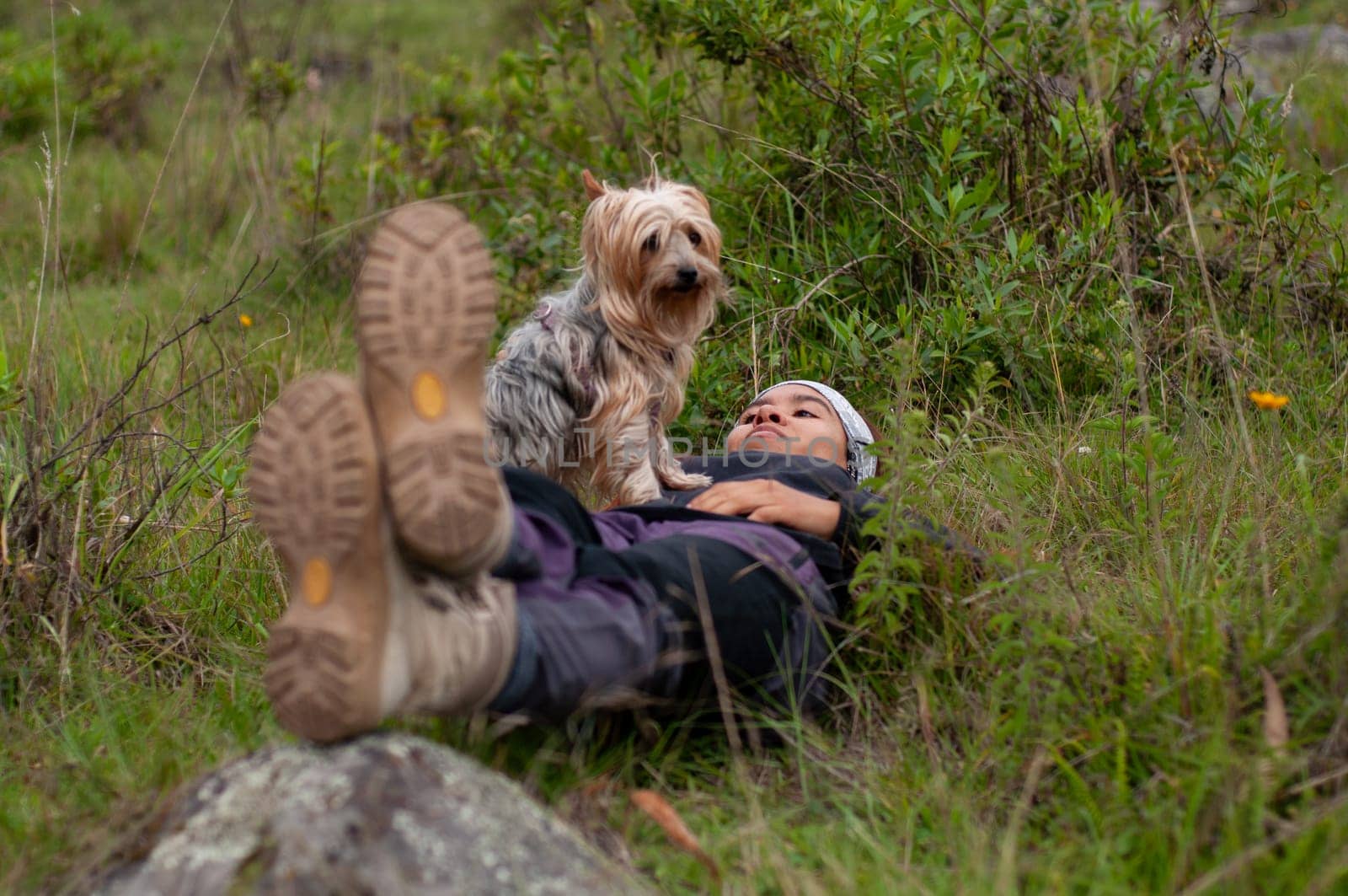backpacker woman lying on the grass playing with her pet. by Raulmartin