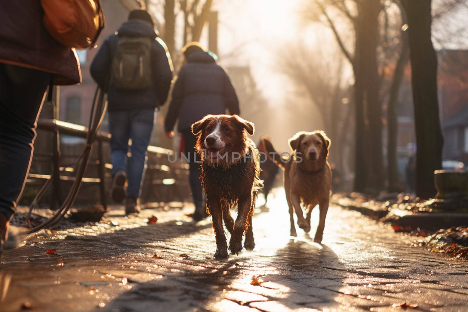 People i walking dogs in a park. High quality photo