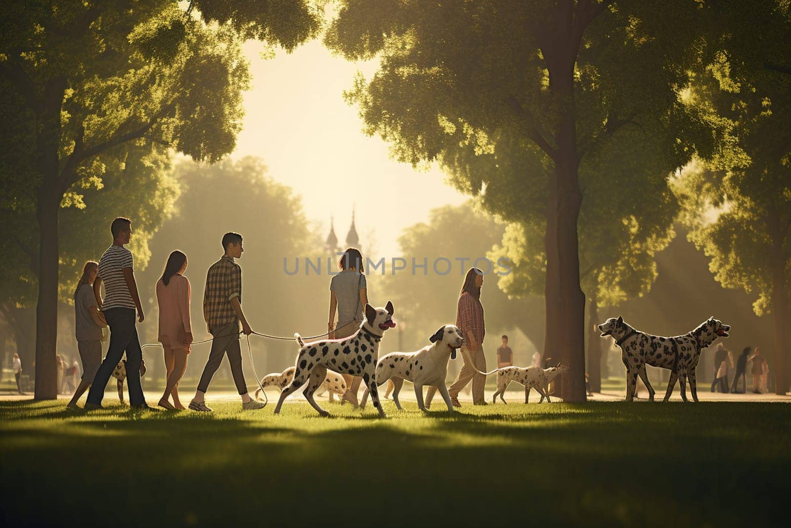 People i walking dogs in a park. High quality photo