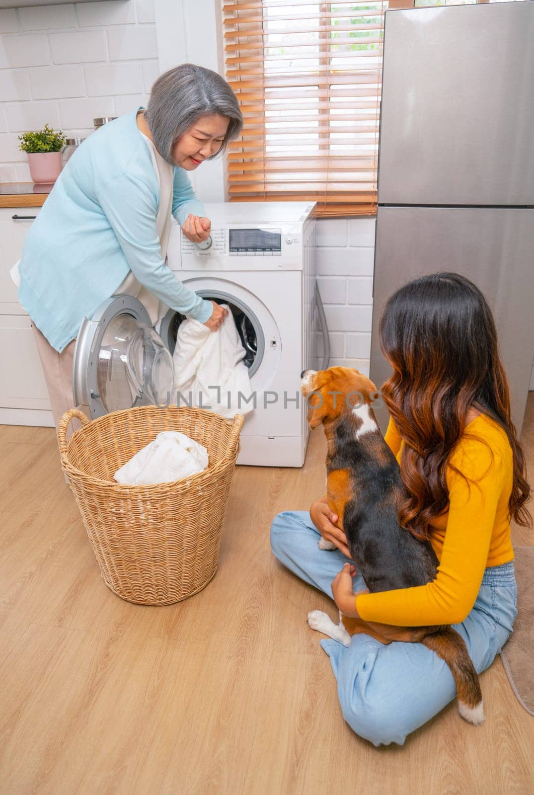Vertical image of Young Asian girl hold and hug beagle dog and sit near senior woman as mother bring cloths into washing machine in their house. by nrradmin