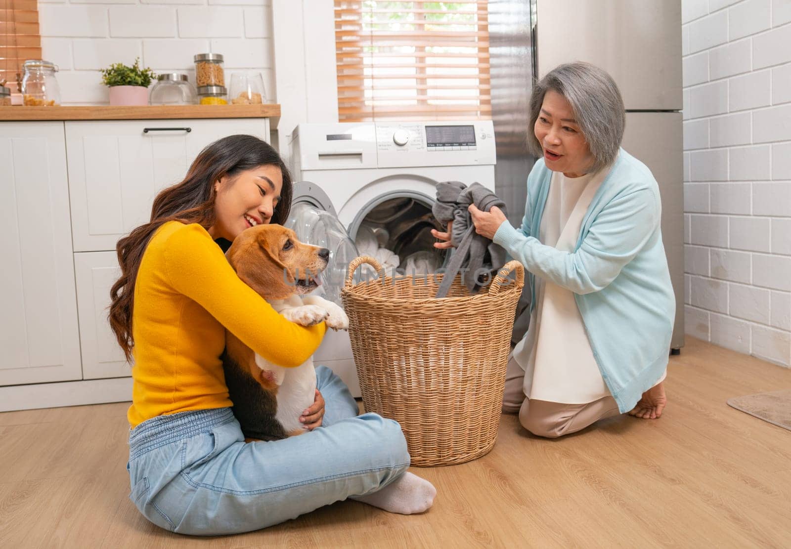 Close up Young Asian girl hold and hug beagle dog and sit near senior woman as mother bring cloths into washing machine in their house. by nrradmin