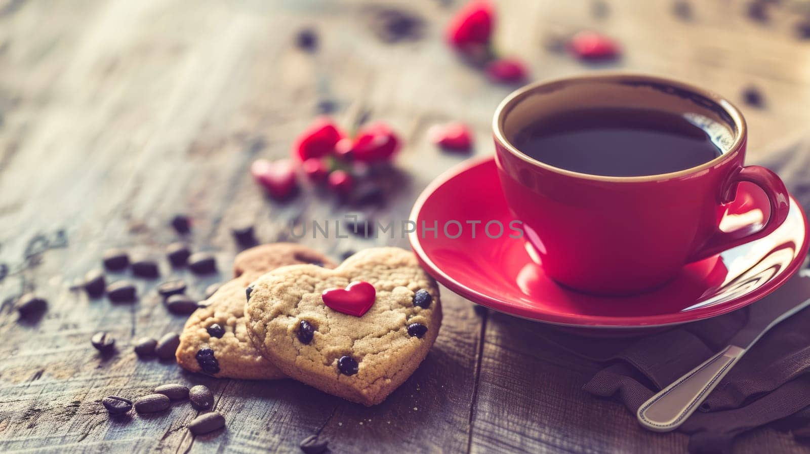 Homemade heart shaped cookies and a cup of tea or coffee on the table. Copy space.