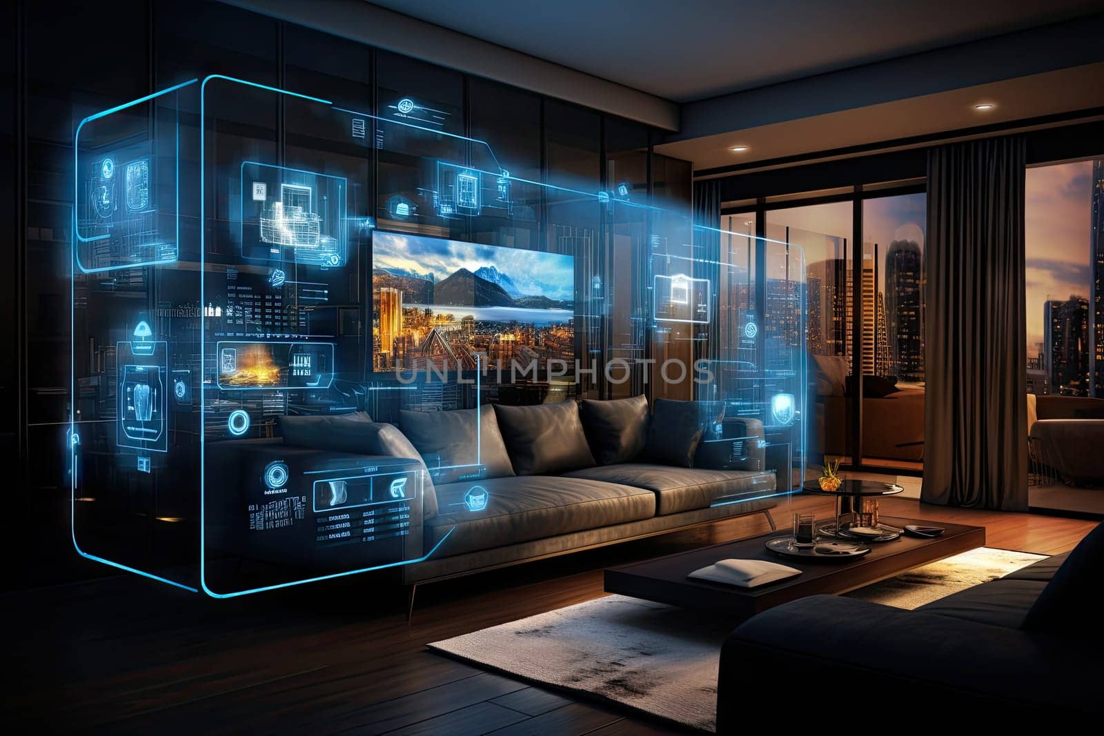 A concept art of a digital holographic artificial intelligence (ai) smart technology in a house and a flat. modern living room w virtual reality interface.by Generative AI by wichayada