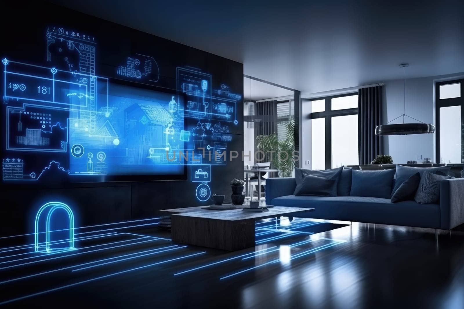 A concept art of a digital holographic artificial intelligence (ai) smart technology in a house and a flat. modern living room w virtual reality interface.by Generative AI.