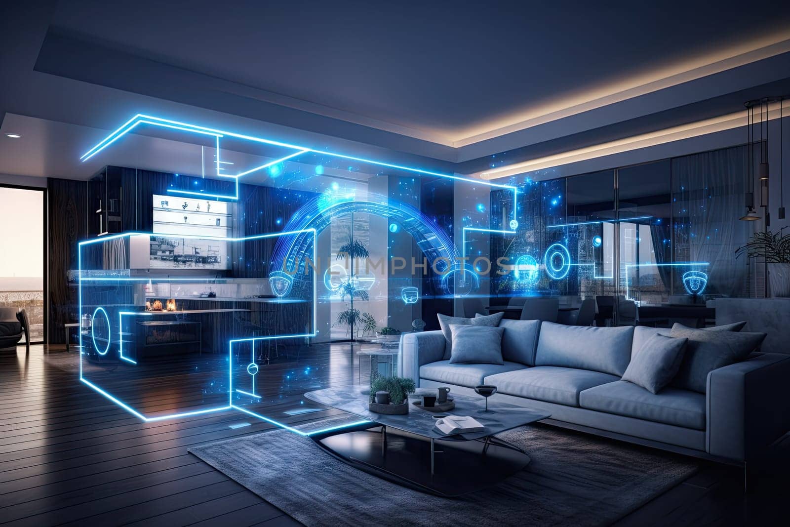 A concept art of a digital holographic artificial intelligence (ai) smart technology in a house and a flat. modern living room w virtual reality interface.by Generative AI by wichayada