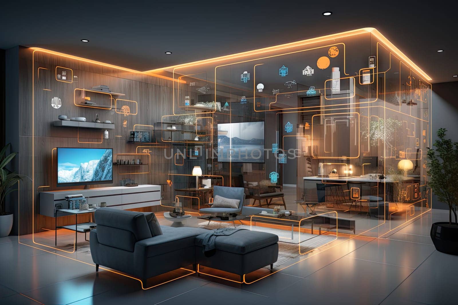 A concept art of a digital holographic artificial intelligence (ai) smart technology in a house and a flat. modern living room w virtual reality interface.by Generative AI.