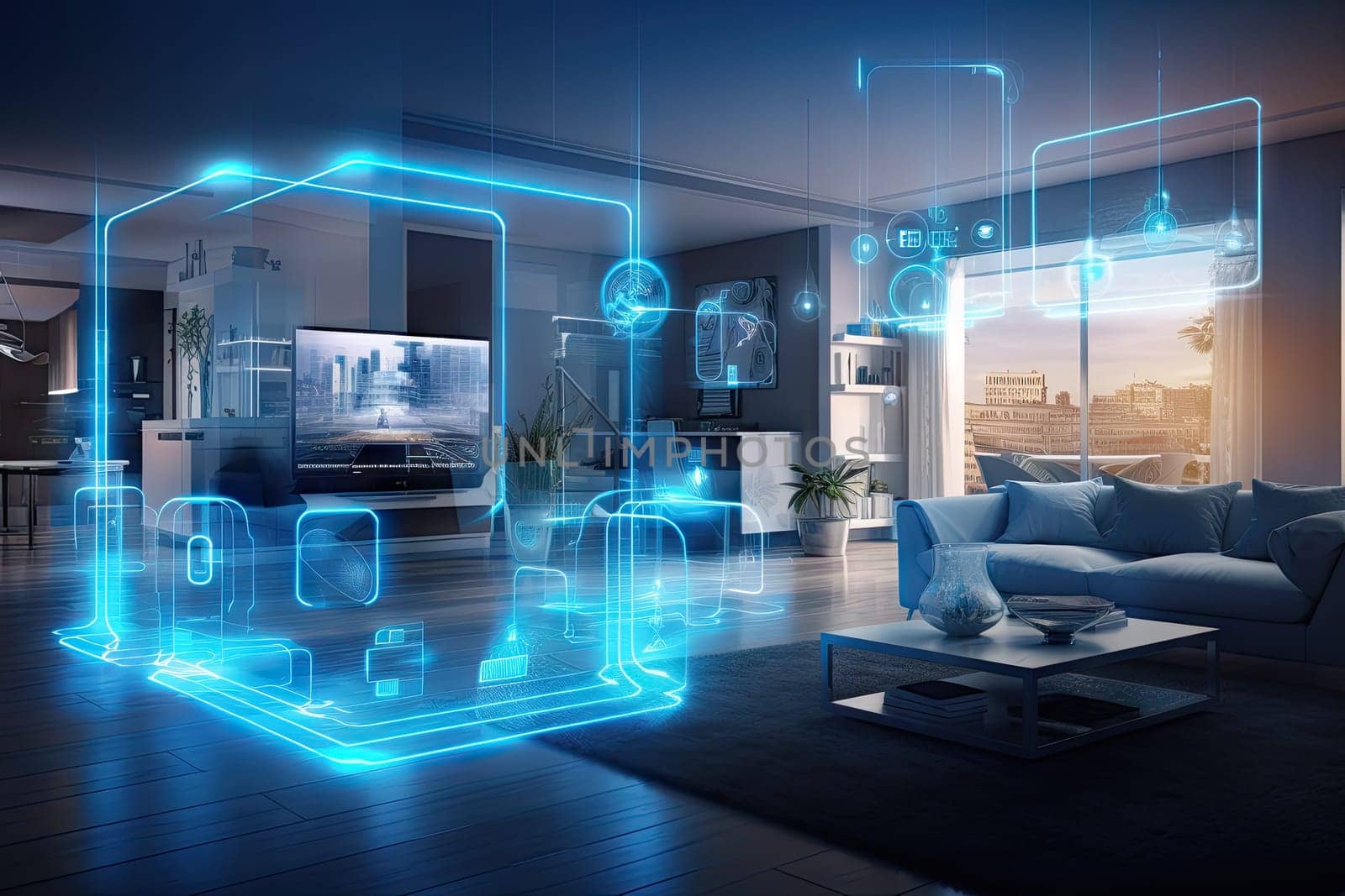 A concept art of a digital holographic artificial intelligence (ai) smart technology in a house and a flat. modern living room w virtual reality interface.by Generative AI by wichayada