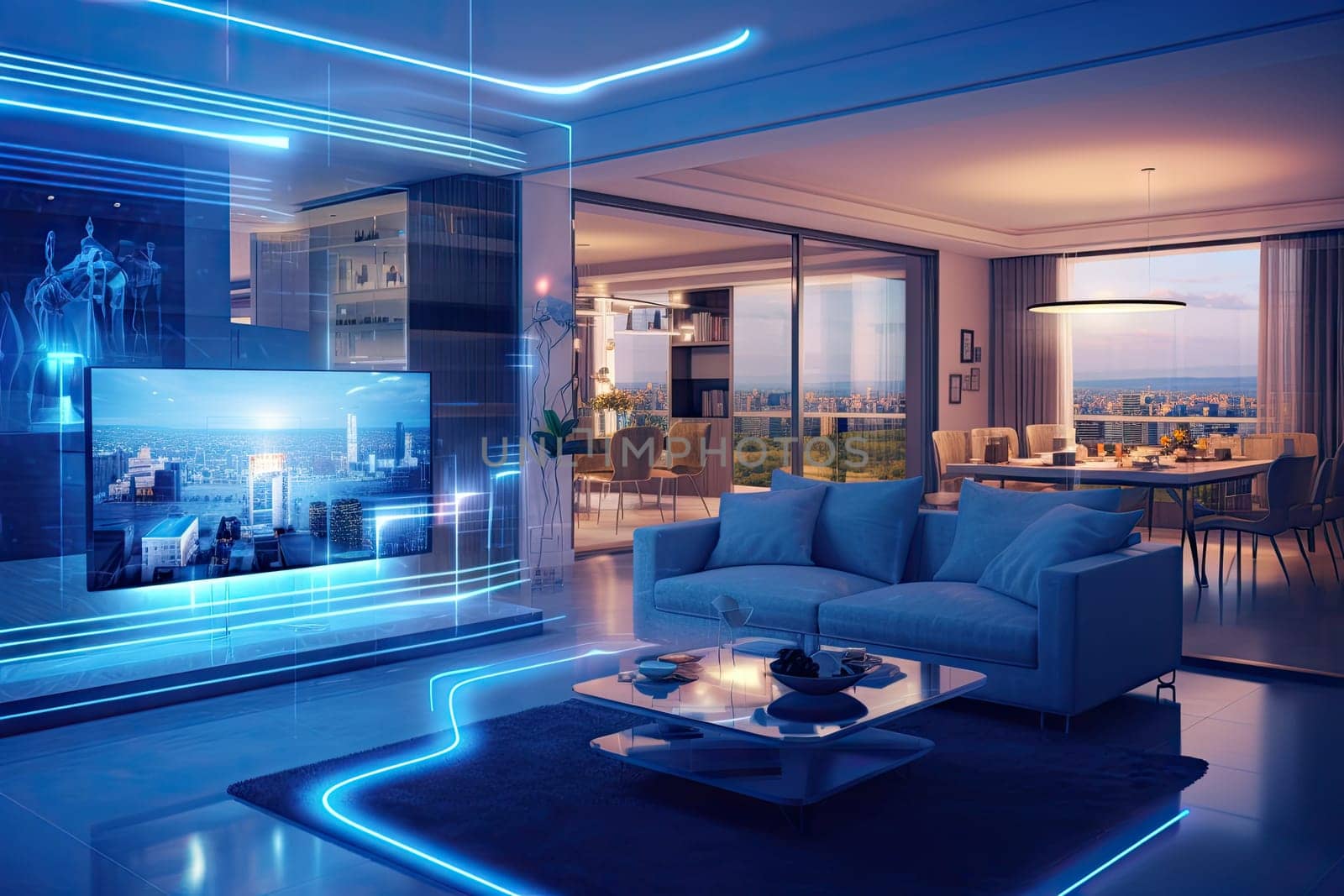 A concept art of a digital holographic artificial intelligence (ai) smart technology in a house and a flat. modern living room w virtual reality interface.by Generative AI by wichayada