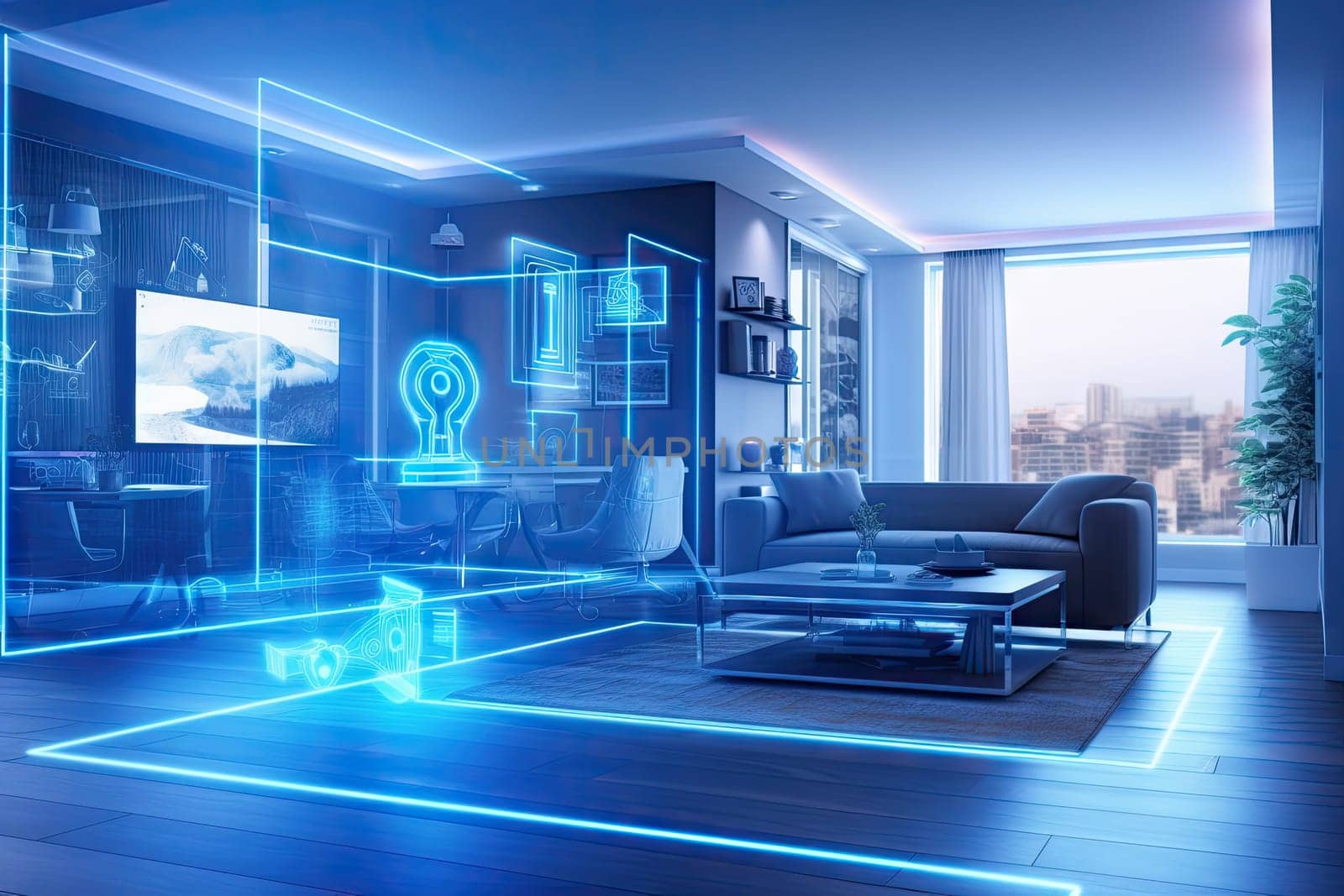 A concept art of a digital holographic artificial intelligence (ai) smart technology in a house and a flat. modern living room w virtual reality interface.by Generative AI.