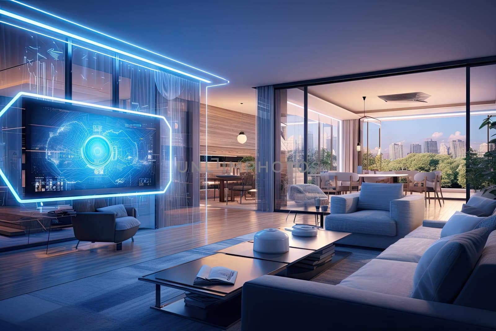 A concept art of a digital holographic artificial intelligence (ai) smart technology in a house and a flat. modern living room w virtual reality interface.by Generative AI by wichayada