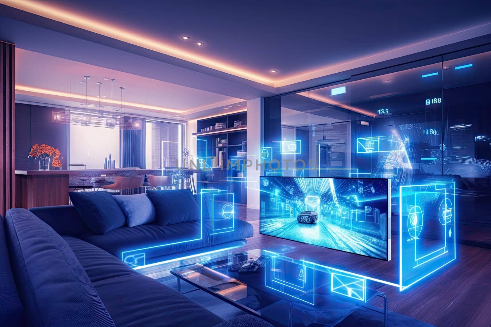 A concept art of a digital holographic artificial intelligence (ai) smart technology in a house and a flat. modern living room w virtual reality interface.by Generative AI.