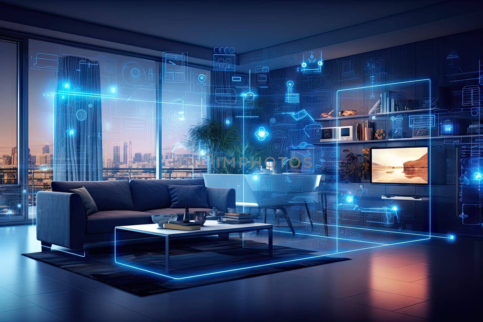 A concept art of a digital holographic artificial intelligence (ai) smart technology in a house and a flat. modern living room w virtual reality interface.by Generative AI.