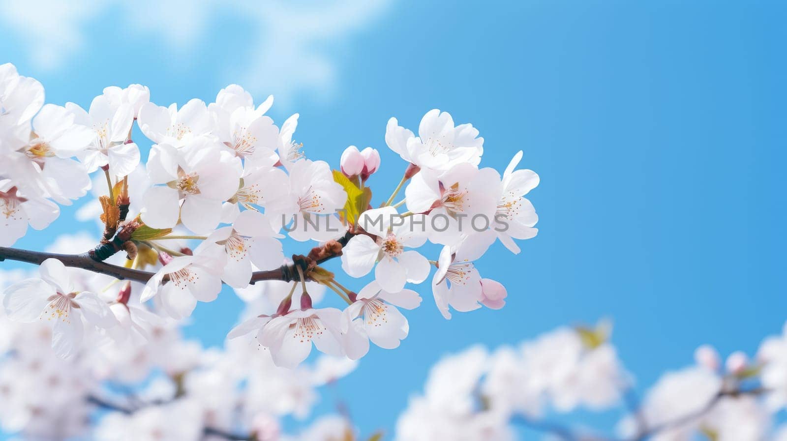 Abstract natural spring background light rosy dark flowers close up. Branch of pink white sakura cherry tree on a background of blue sky. Colorful artistic image with soft focus and beautiful bokeh in summer spring