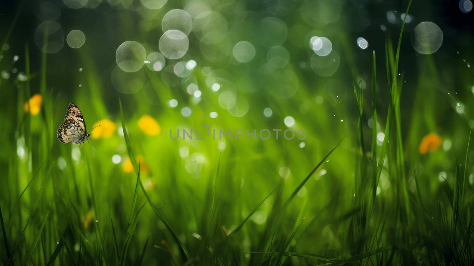 Abstract natural spring background with butterflies and green grass light rosy dark meadow flowers closeup with sun rays and light. Colorful artistic image with soft focus and beautiful bokeh in summer spring