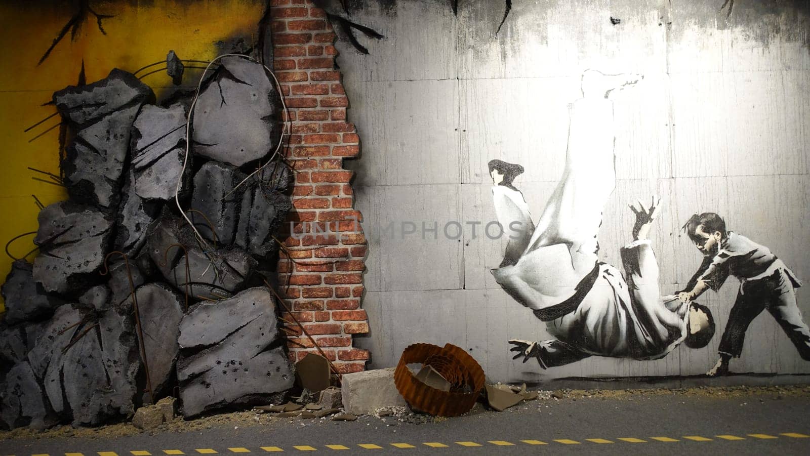 Stockholm, Sweden, December 29 2023. Art exhibition. The mystery of Banksy. A genius mind. Judo.