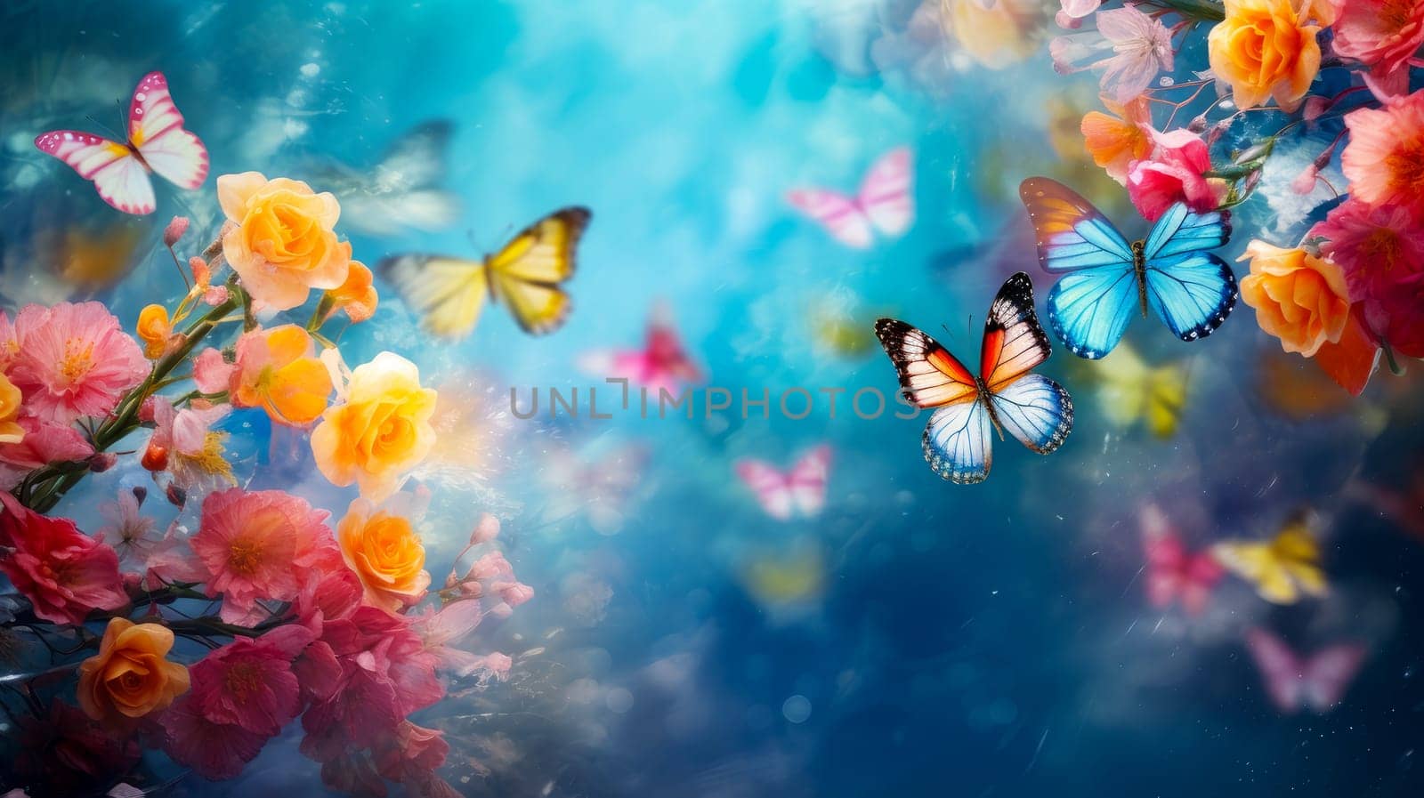 Abstract natural spring background with butterflies and light colorful colorful dark meadow flowers closeup. Colorful artistic image with soft focus and beautiful bokeh in summer spring