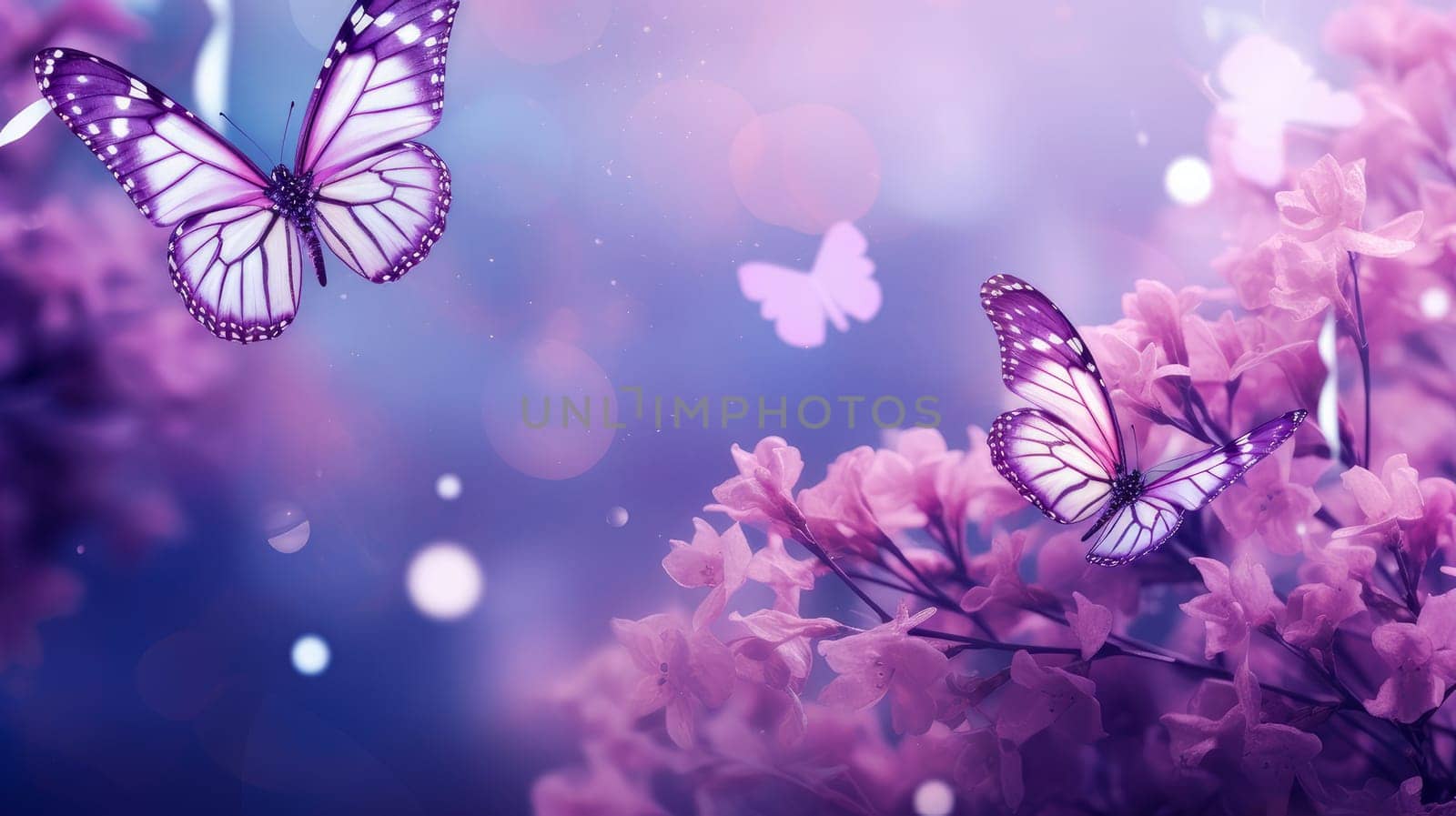 Abstract natural spring background with butterflies and light purple dark meadow flowers closeup. by Alla_Yurtayeva