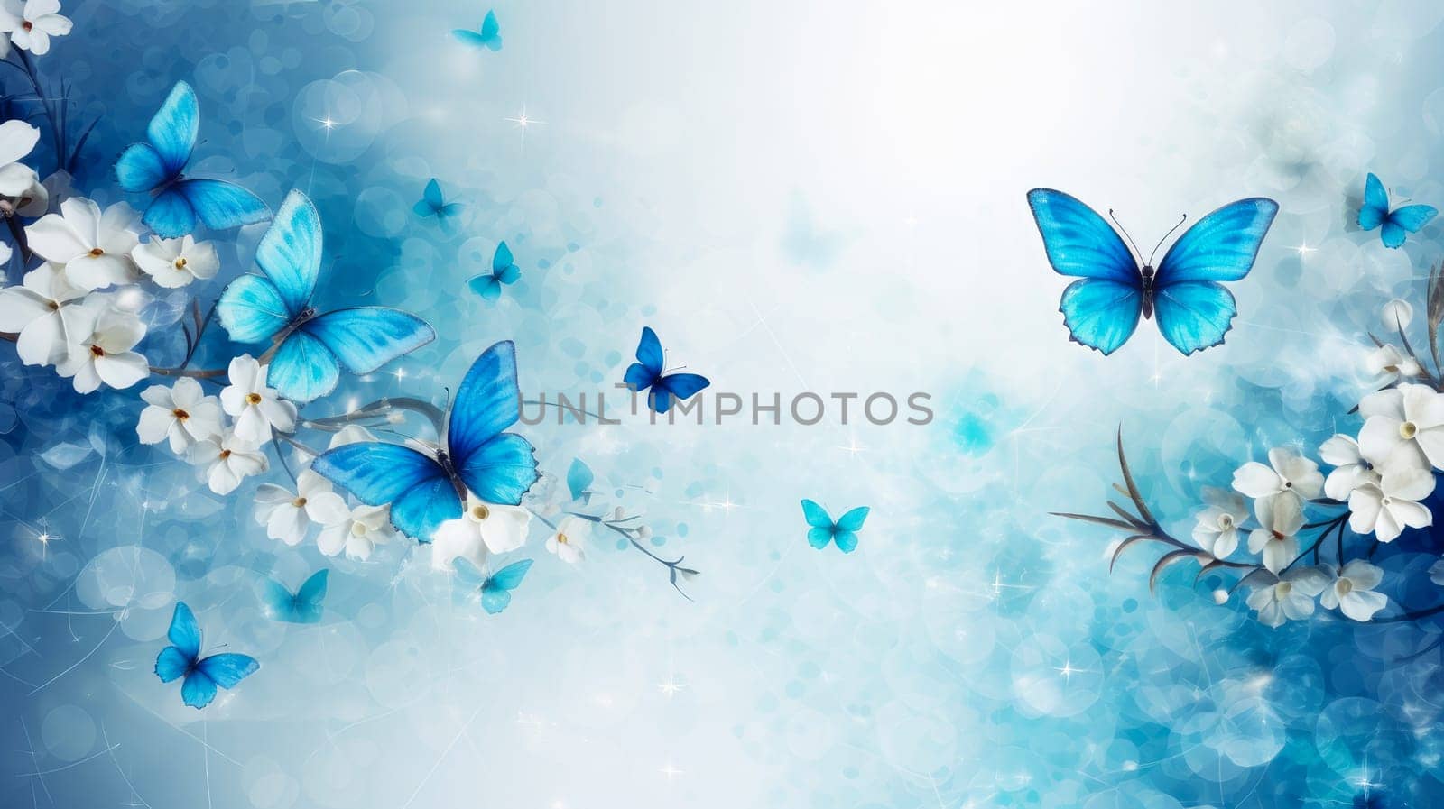 Abstract natural spring background with butterflies and light blue dark meadow flowers closeup. Colorful artistic image with soft focus and beautiful bokeh in summer spring
