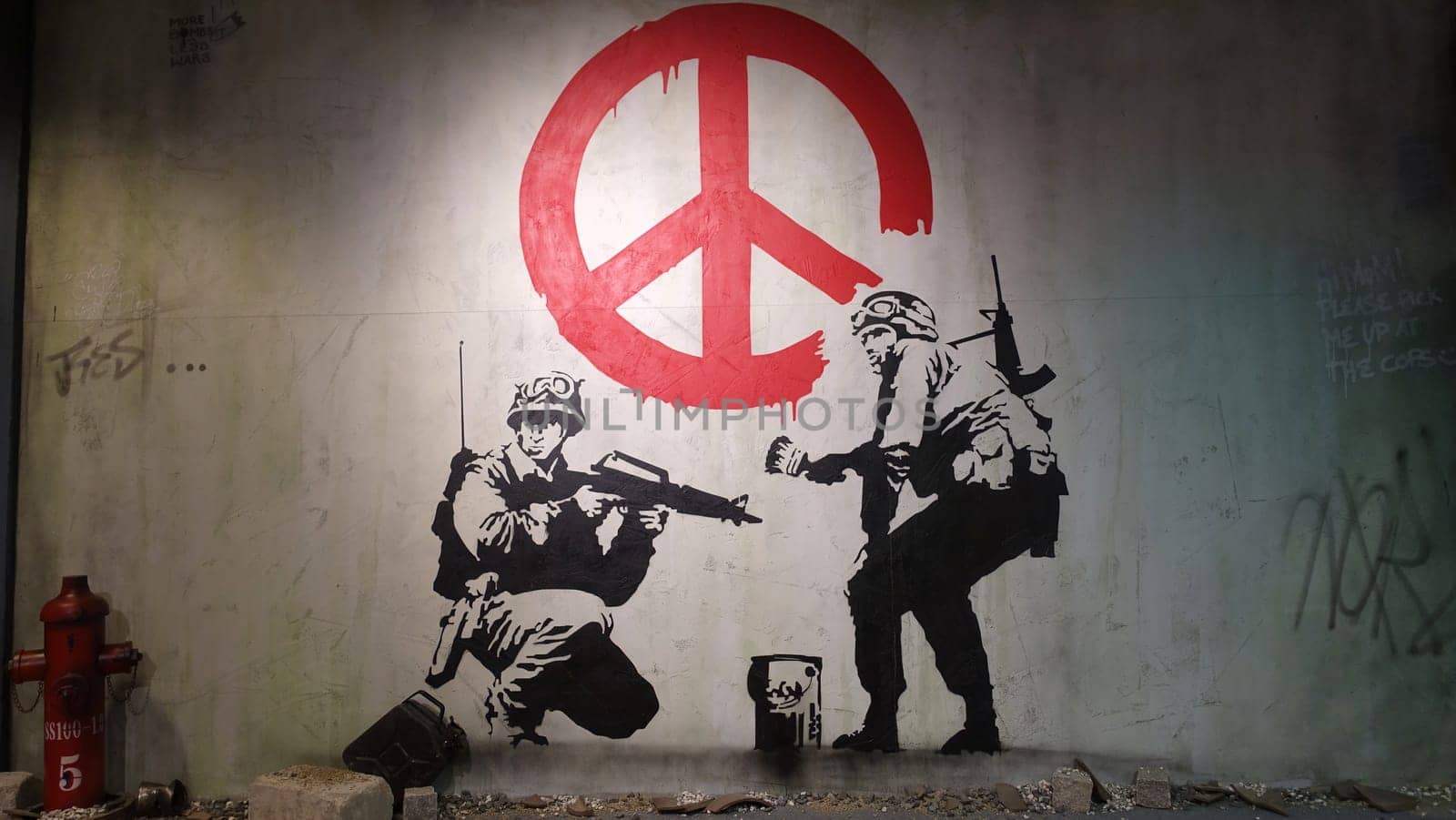 Stockholm, Sweden, December 29 2023. Art exhibition. The mystery of Banksy. A genius mind. Peace.
