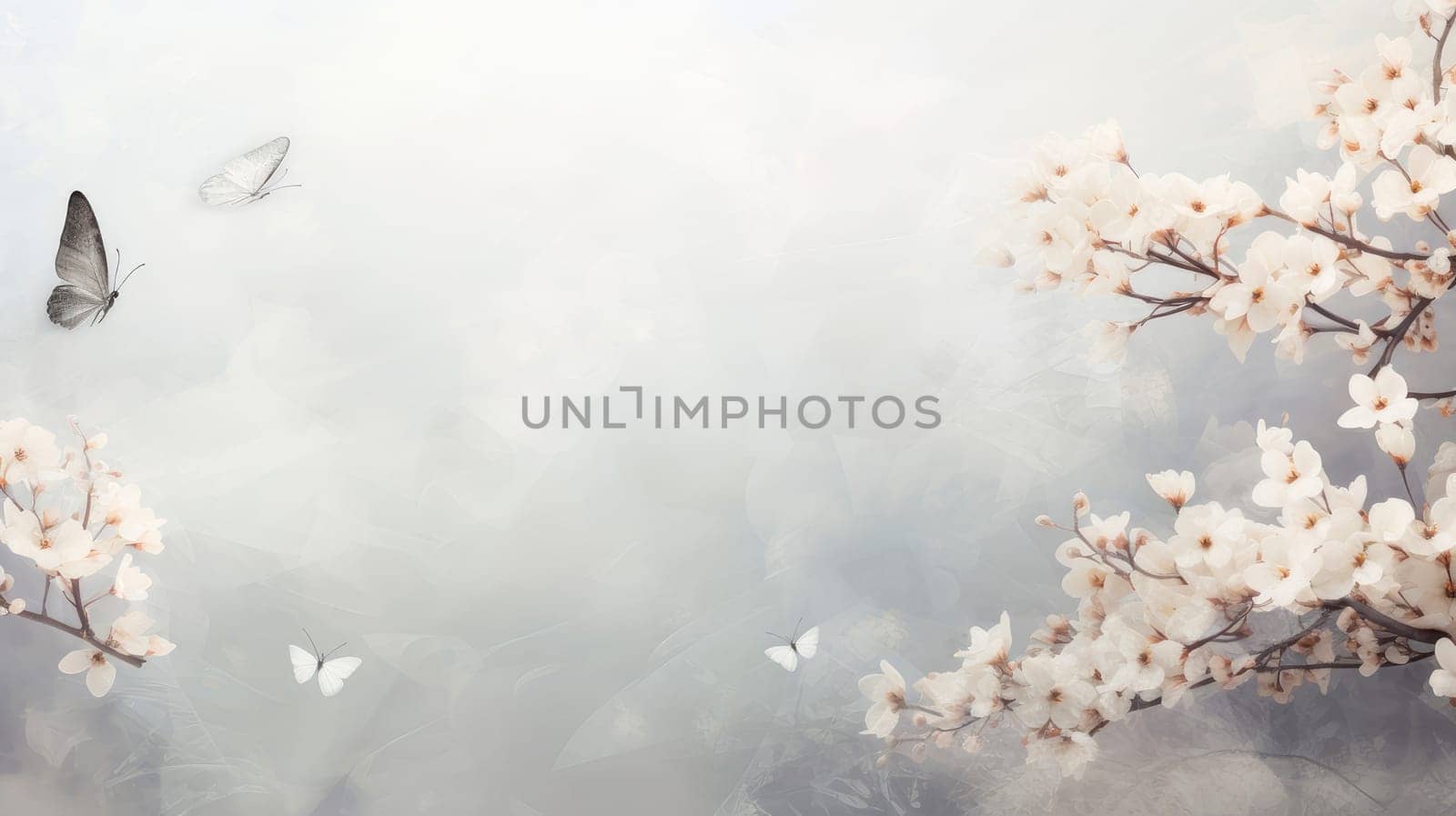 Abstract natural spring background with butterflies and light gray meadow flowers closeup. Colorful artistic image with soft focus and beautiful bokeh in summer spring