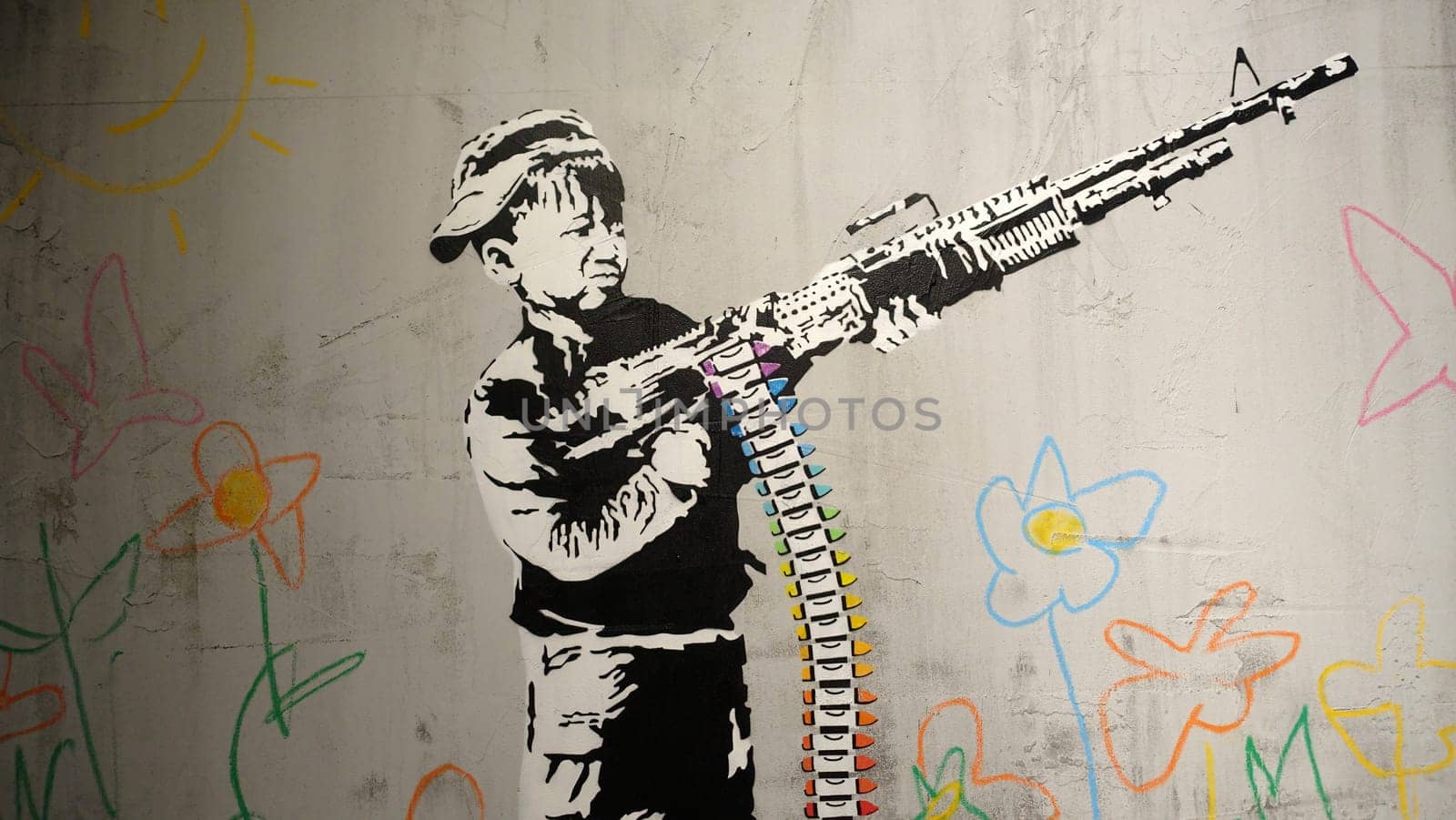 Stockholm, Sweden, December 29 2023. Art exhibition. The mystery of Banksy. A genius mind. Baby soldier.