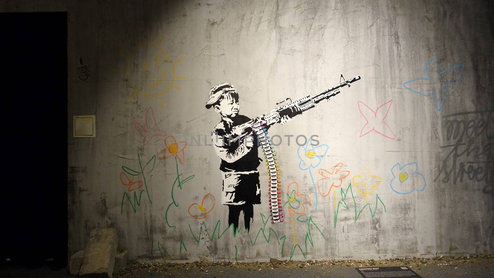 Stockholm, Sweden, December 29 2023. Art exhibition. The mystery of Banksy. A genius mind. Baby soldier.