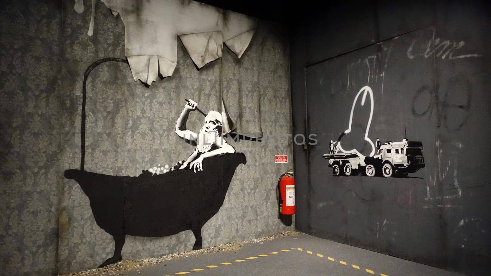 Stockholm, Sweden, December 29 2023. Art exhibition. The mystery of Banksy. A genius mind. bath tub.