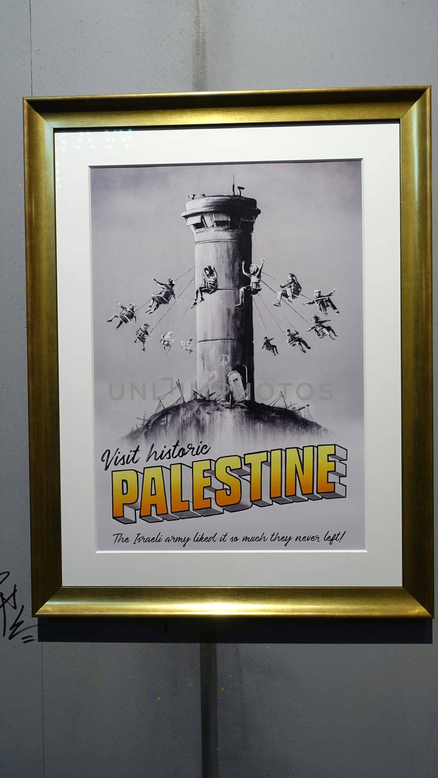 Stockholm, Sweden, December 29 2023. Art exhibition. The mystery of Banksy. A genius mind. Palestine.