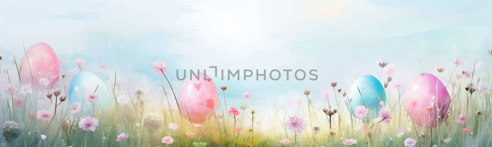 An image with a watercolor style of Easter eggs in a meadow. by OlgaGubskaya