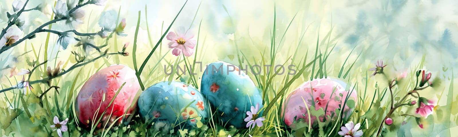 An image with a watercolor style of Easter eggs in a meadow. AI generated. by OlgaGubskaya
