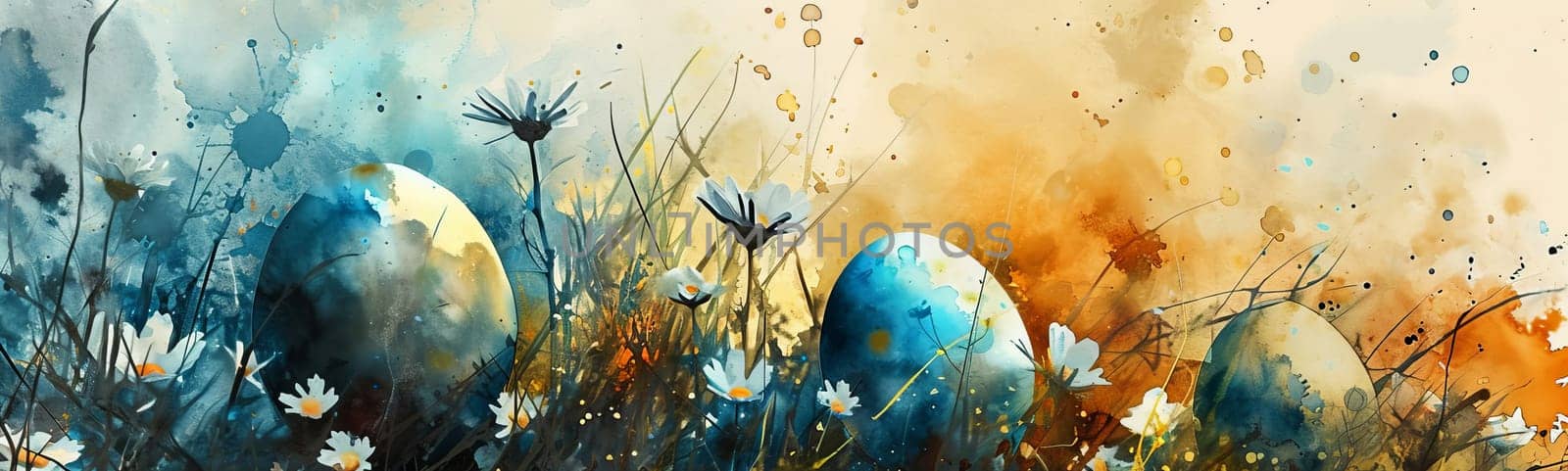 An image with a watercolor style of Easter eggs in a meadow among grass and blooming spring flowers.