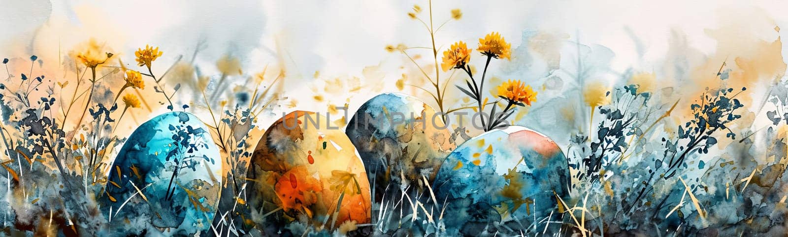 An image with a watercolor style of Easter eggs in a meadow among grass and blooming spring flowers.