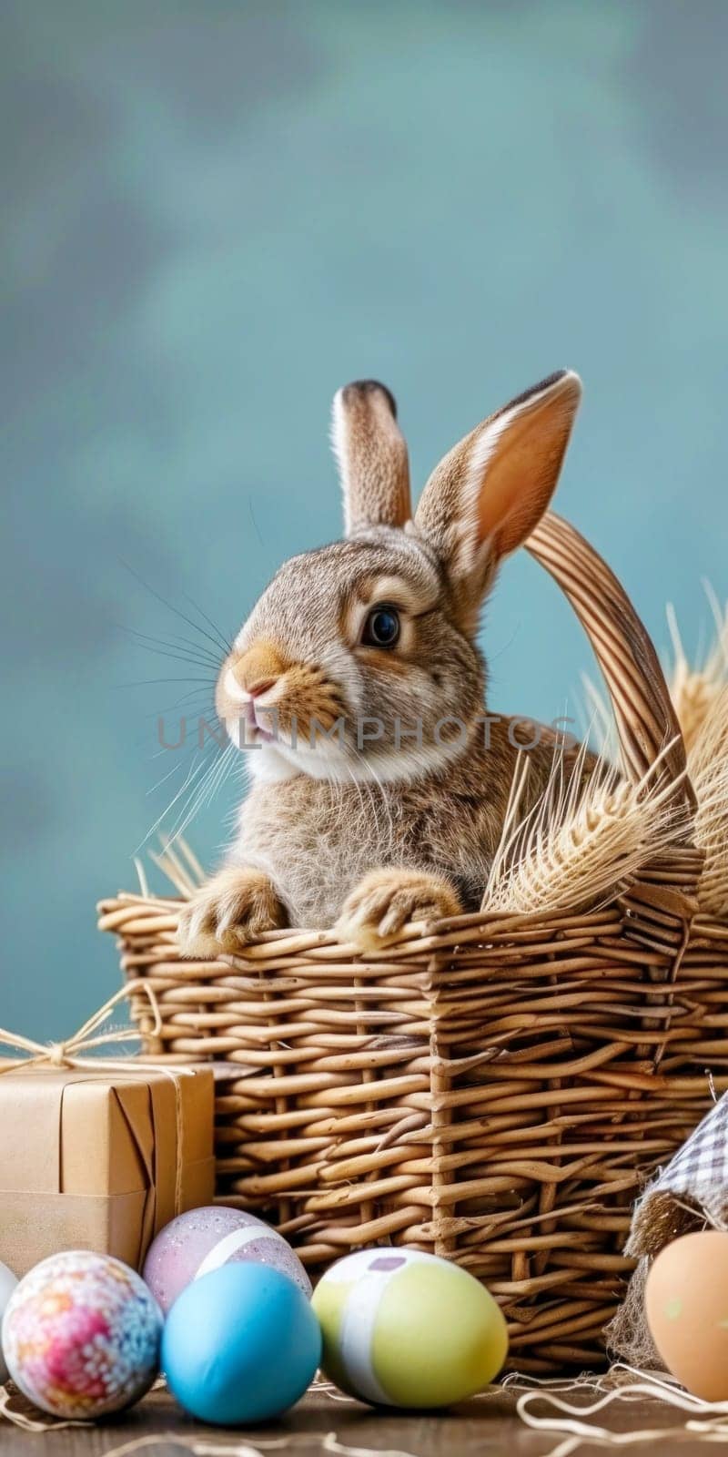 Cute Easter bunny in a wicker basket with dyed eggs on a wooden table. Easter vertical banner for smart phone with copy space