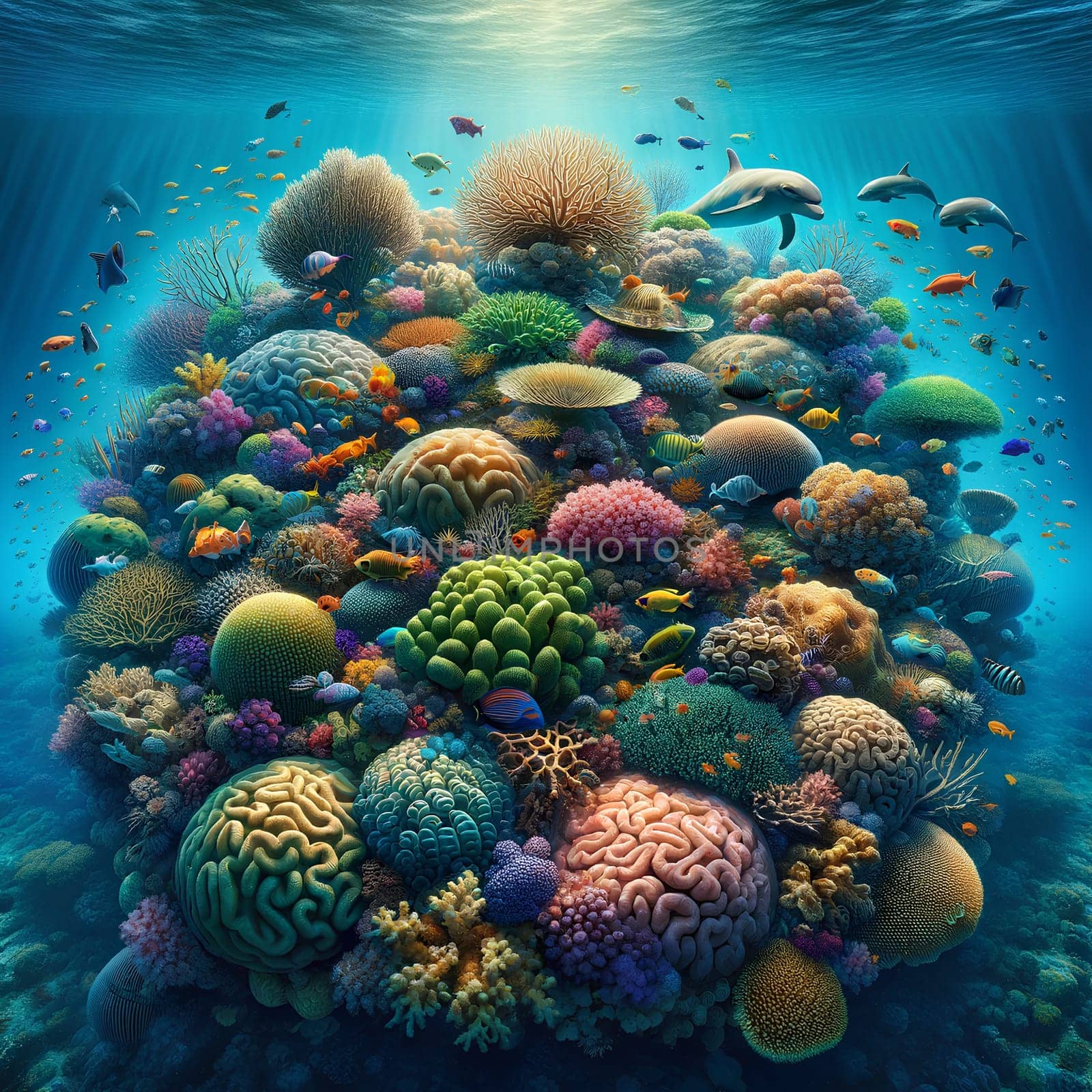Vibrant coral reef teeming with diverse marine life, bathed in sunlight. Explore the underwater wonderland through this captivating image by aprilphoto