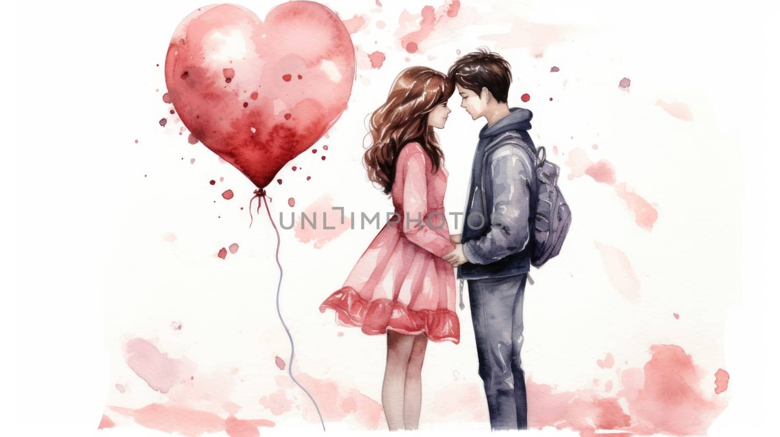 Beautiful young couple hugging, kissing celebrating St Valentine's Day with air balloons in shape of heart on white background