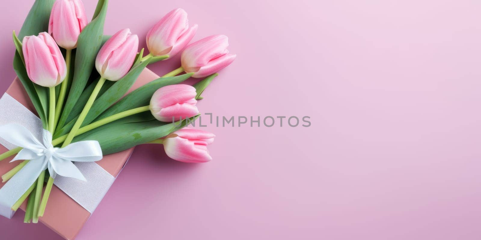 Wonderful spring tulips with gift box on the light pink background. Top view image. Copy space.