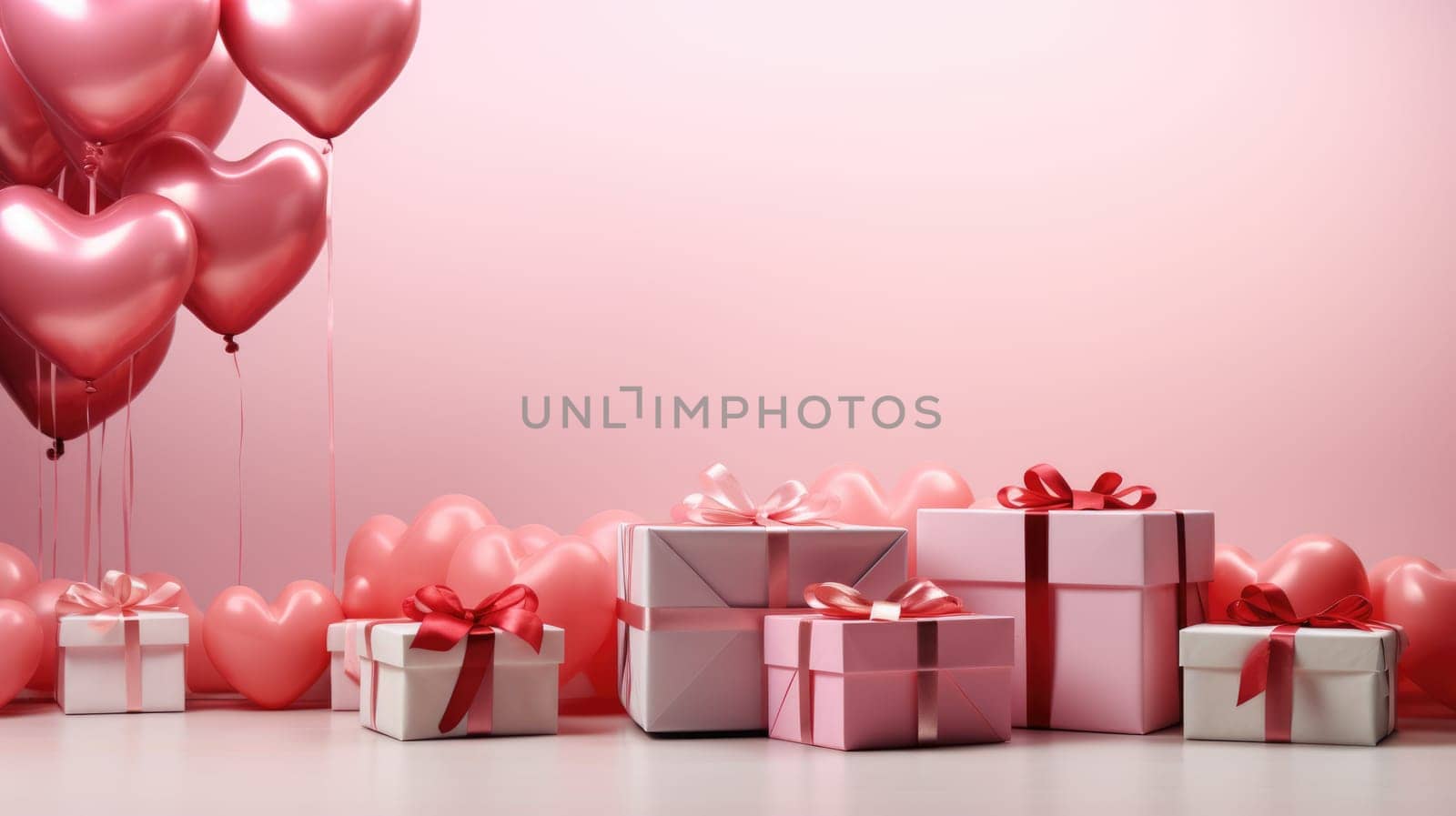 Pink air balloons heart shape with gift boxes on a white background. Concept wedding, valentines day, photo zone, lovers. Banner. Flat lay, top view.