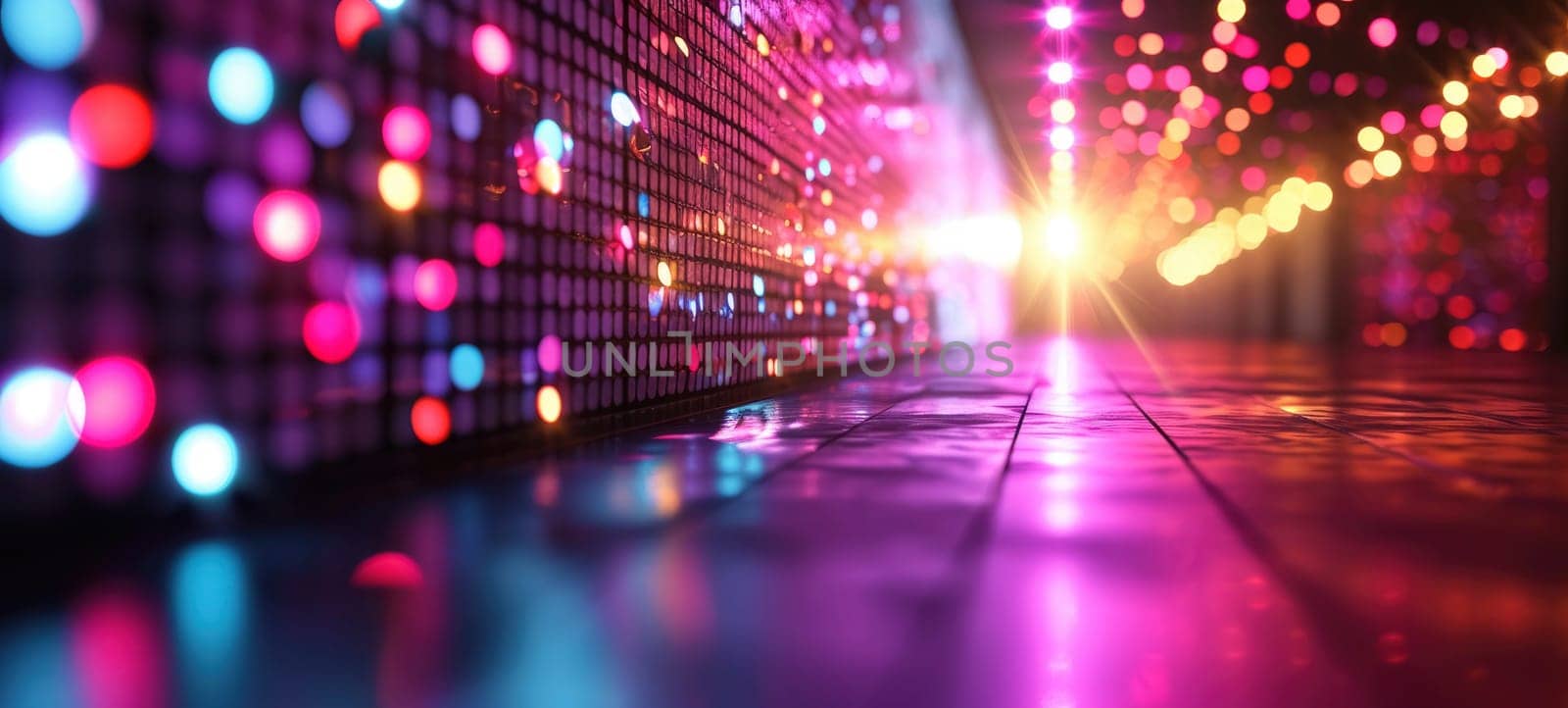 Disco style background with neon blue and purple lights, bokeh by andreyz