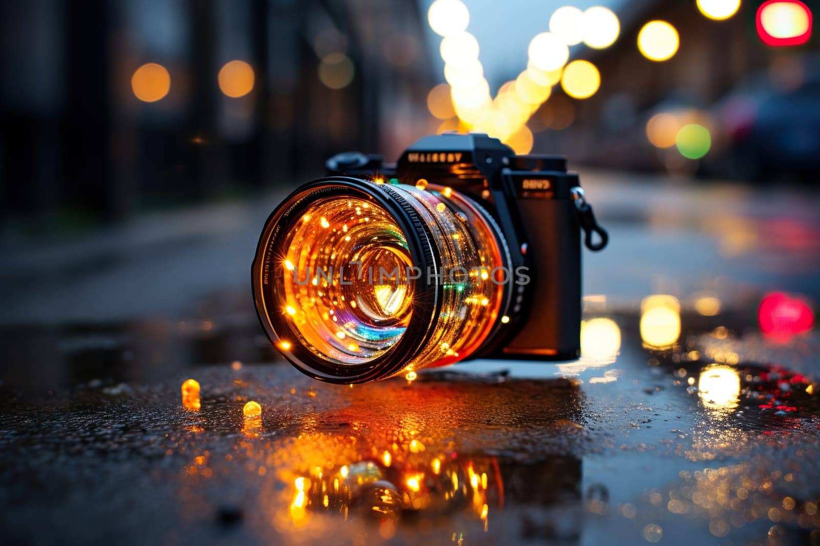 Camera with golden bokeh light on wet asphalt.