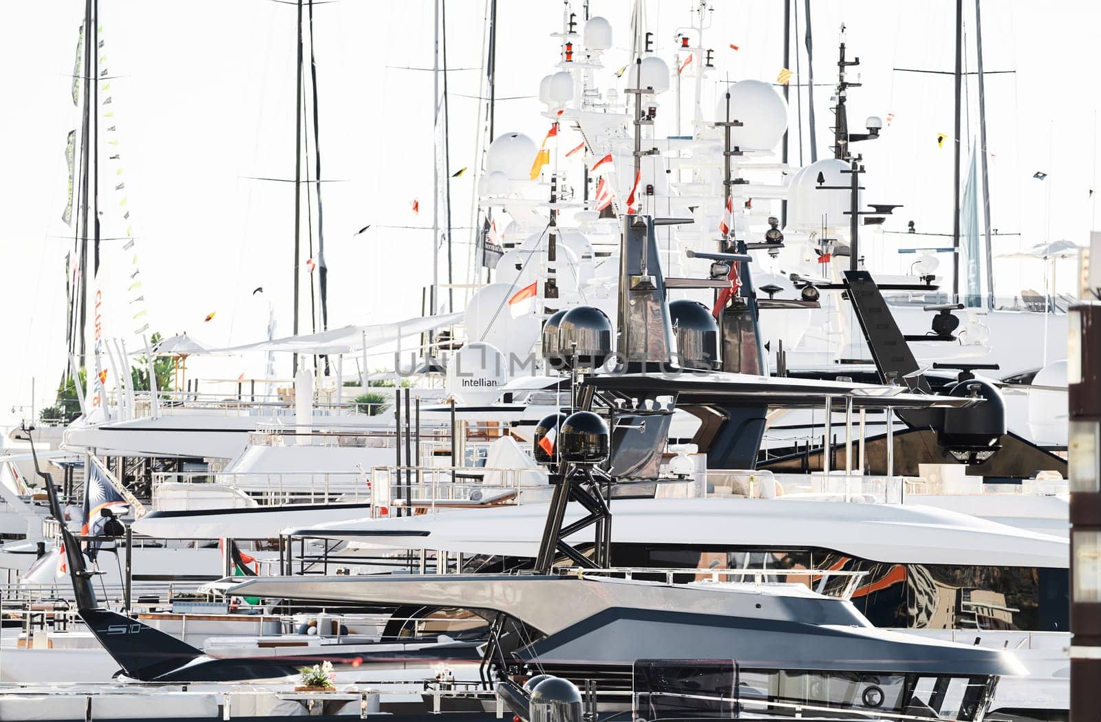 Monaco, Monte Carlo, 01 October 2022 - The famous motorboat exhibition at morning, mega yacht show, novelties of the boating industry. High quality photo