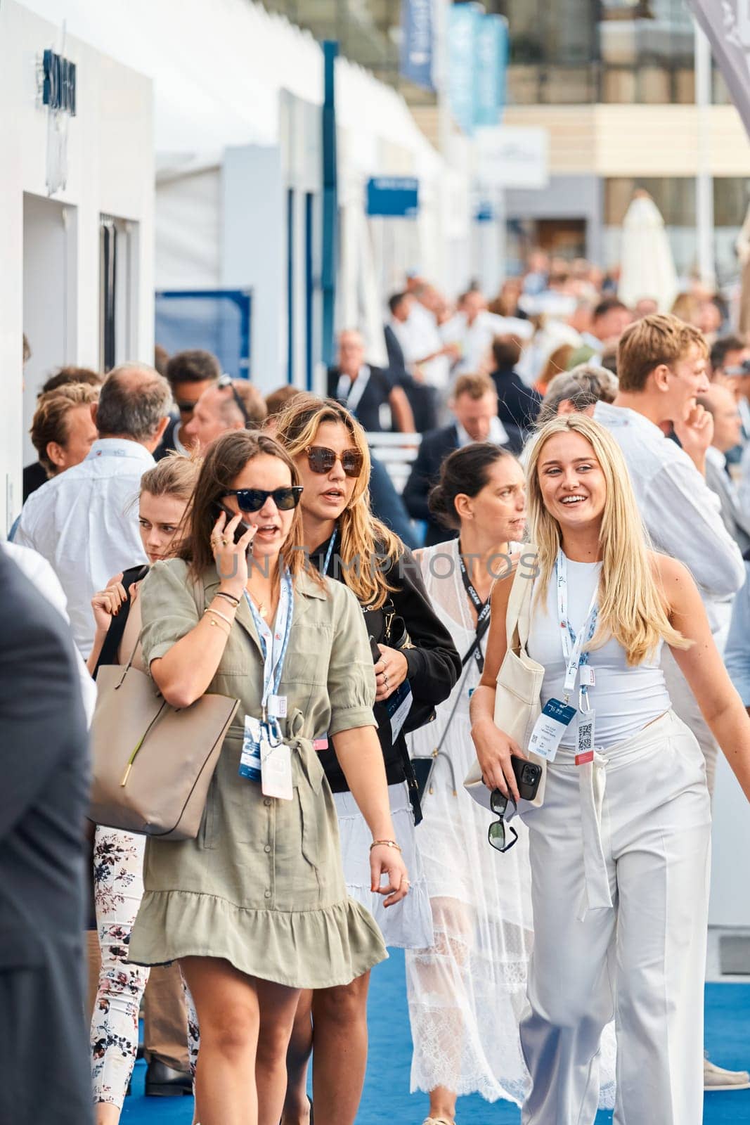 Monaco, Monte Carlo, 29 September 2022 - The famous motorboat exhibition, mega yacht show, clients and yacht brokers discuss the novelties of the boating industry, look at the mega yachts presented. High quality photo