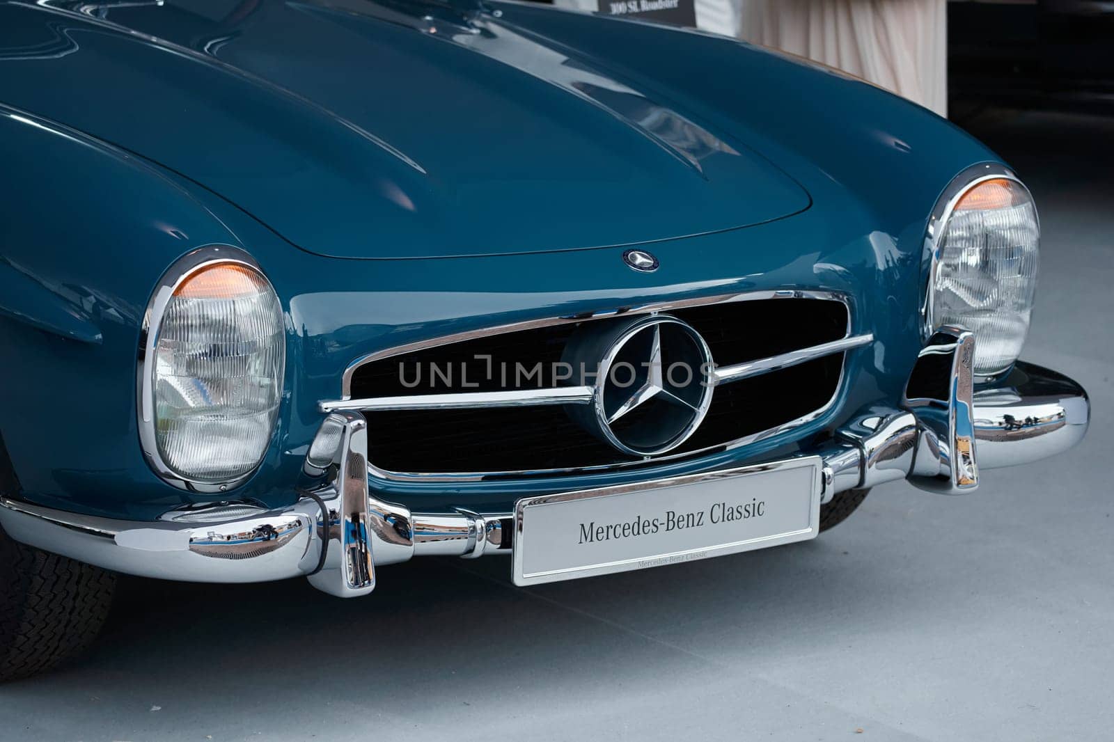 Monaco, Monte Carlo, 29 September 2022 - Classic Mercedes Benz on exhibition of exclusive cars during the yacht show, the famous motorboat exhibition in the principality. High quality photo