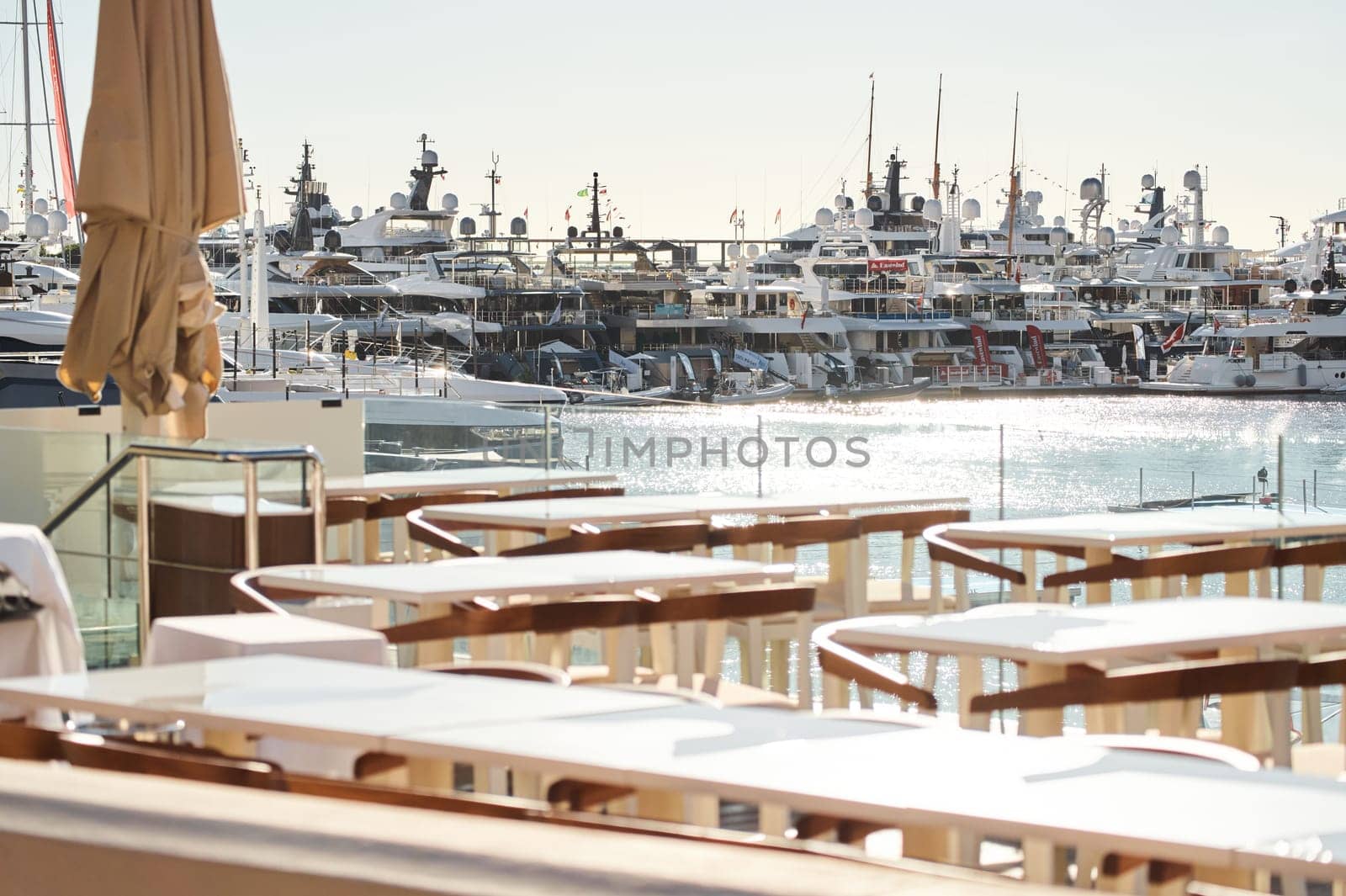 Monaco, Monte Carlo, 01 October 2022 - The famous motorboat exhibition at morning, mega yacht show, novelties of the boating industry. High quality photo