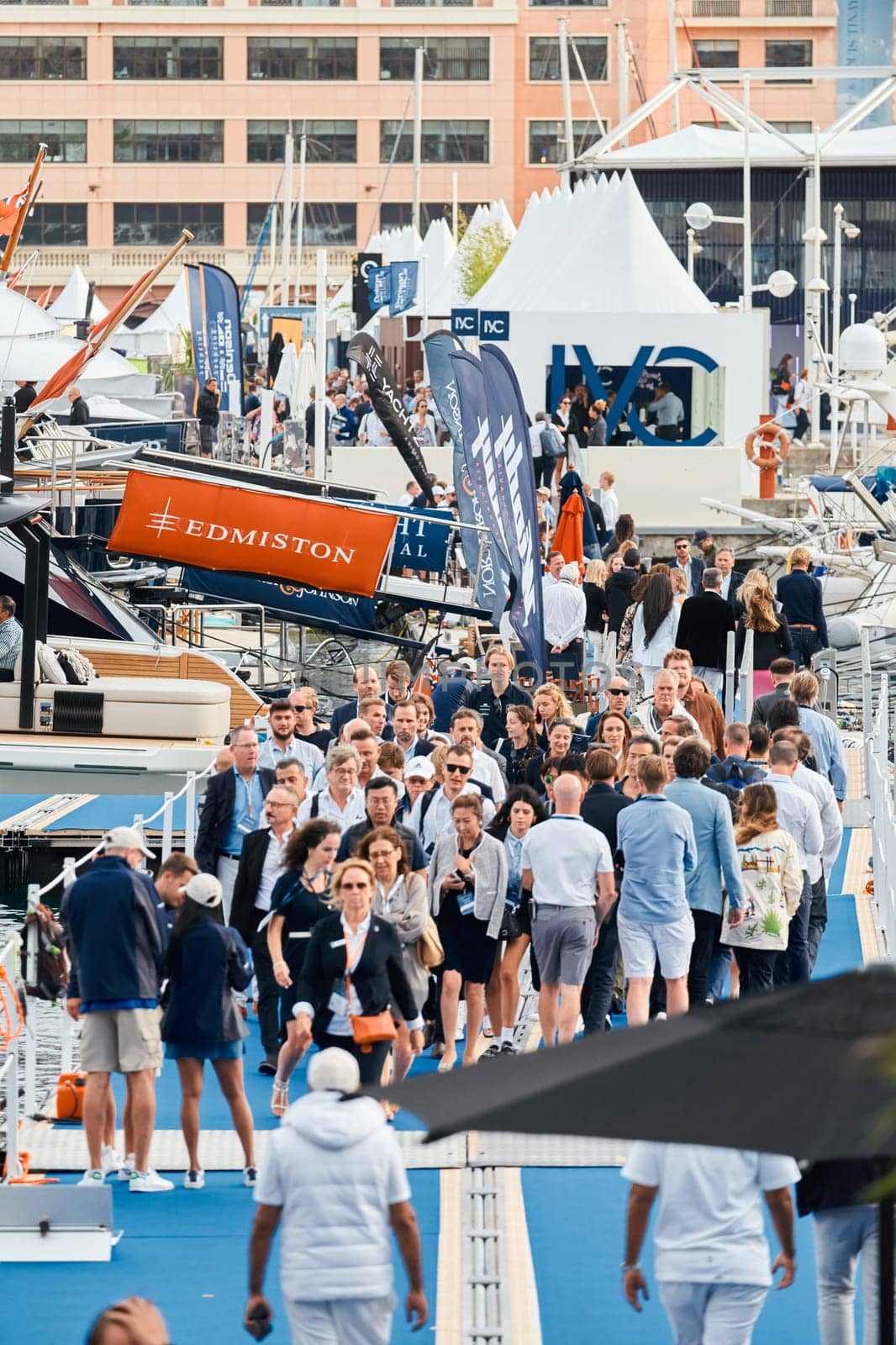 Monaco, Monte Carlo, 29 September 2022 - The famous motorboat exhibition, mega yacht show, clients and yacht brokers discuss the novelties of the boating industry, look at the mega yachts presented by vladimirdrozdin