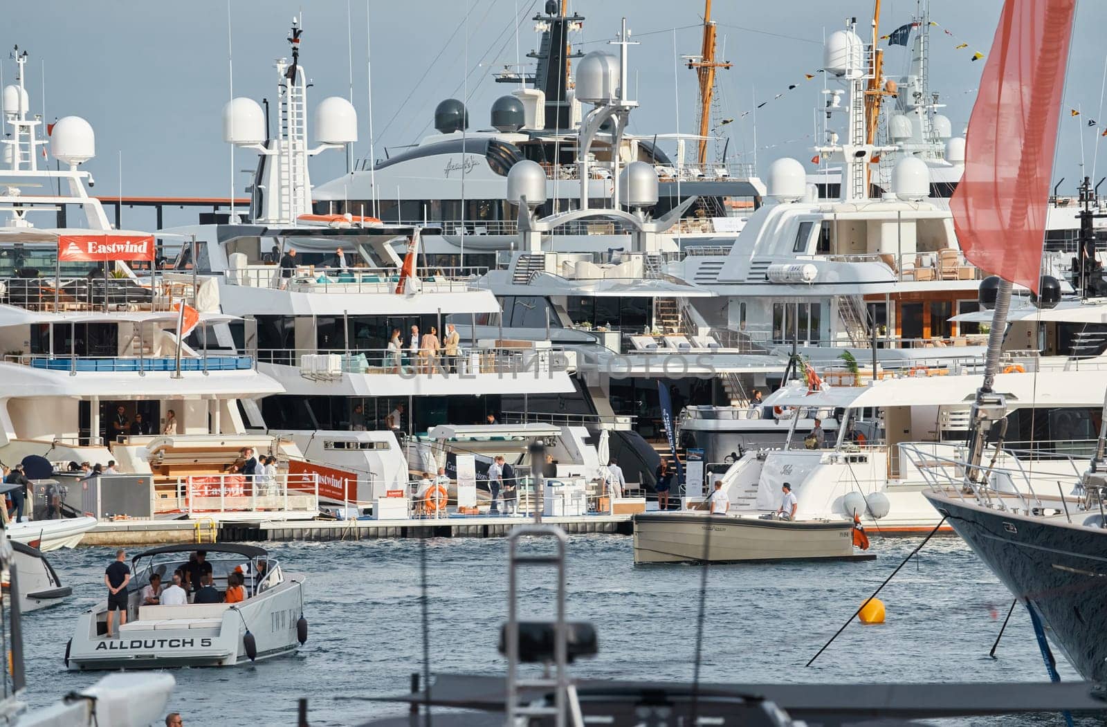 Monaco, Monte Carlo, 29 September 2022 - The famous motorboat exhibition at morning, mega yacht show, novelties of the boating industry. High quality photo